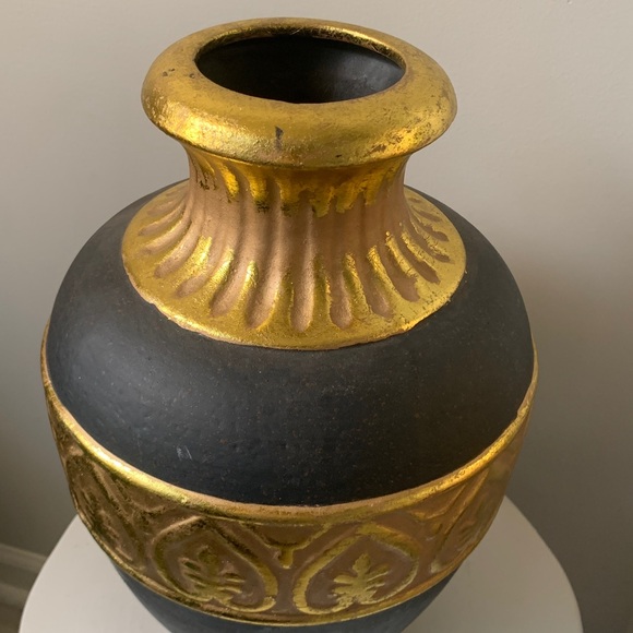Dark brown gold leaf large ceramic decorative vase home decor shelf vintage art - Picture 3 of 10